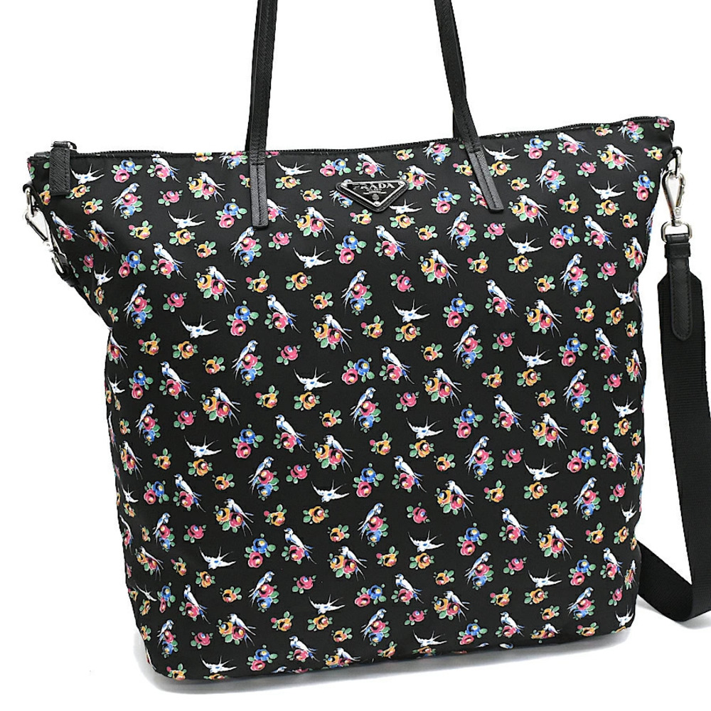 Prada Shopper Tote Bag Floral Black Triangle Plate